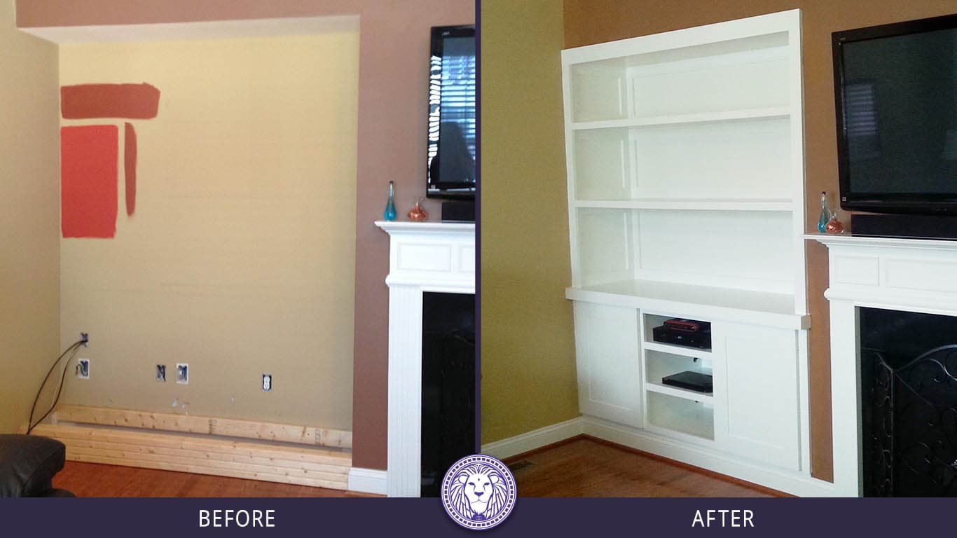 Before and After images showing a Custom carpentry in wall unit - it is a custom built in bookcases
