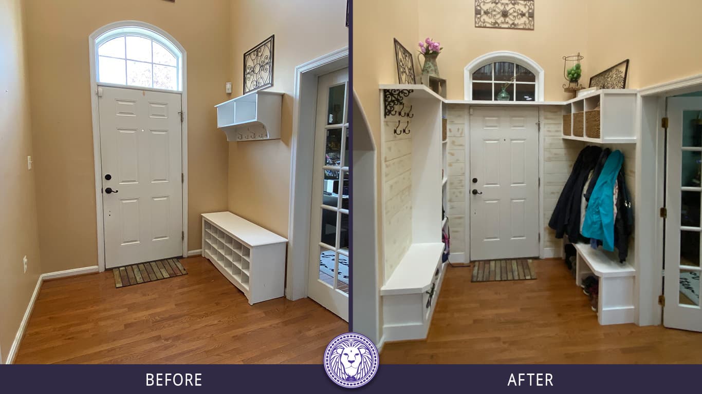 Before and After images showing a Custom Entry way solutions with hooks, shelving and cubby spaces for shoes