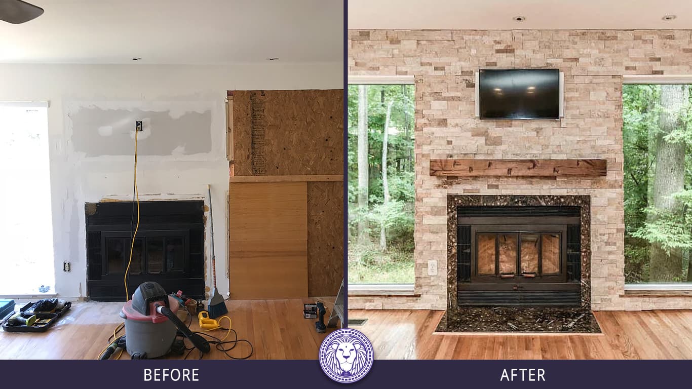 Before and After images showing a Custom Stone wall around fireplace and windows installed