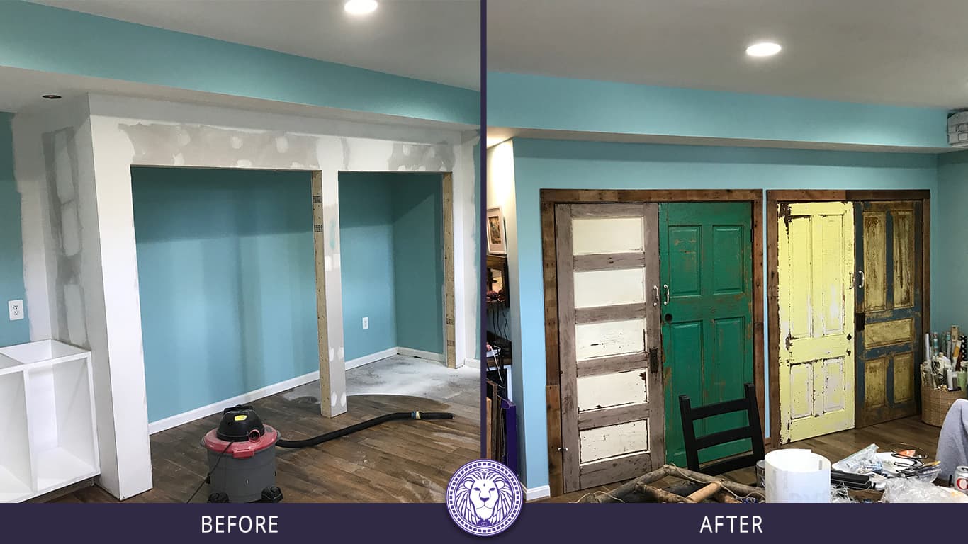 Before and After images showing a Custom Upcycle project using old doors in an art room